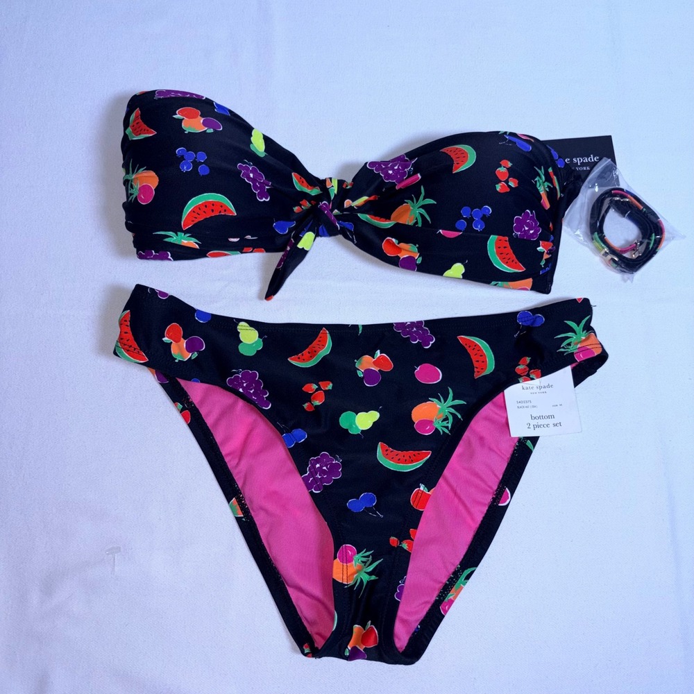 Kate Spade Fruit Print Bikini Set M Black Bandeau New Removable Straps S4D2375